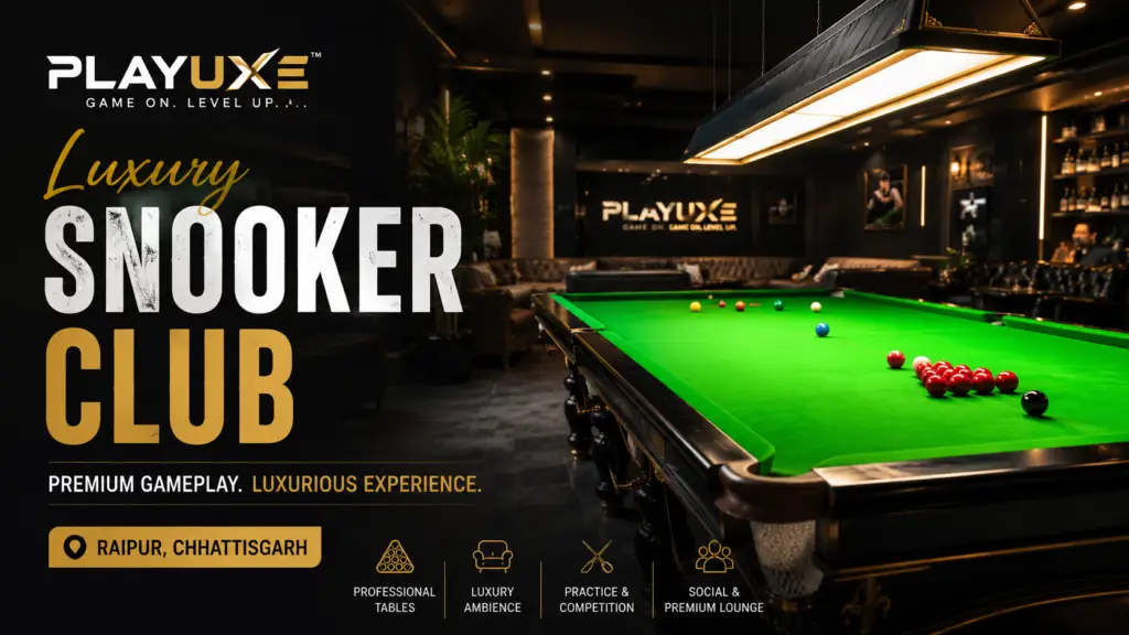 Luxury snooker club interior with premium snooker table at Playuxe in Raipur, Chhattisgarh